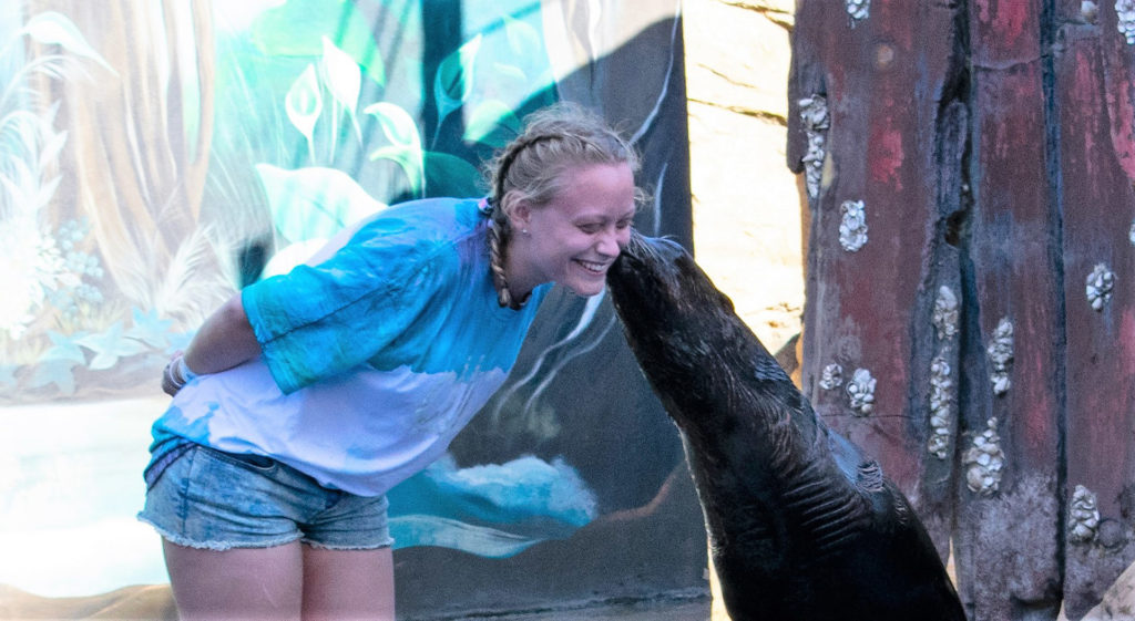 74. Ushaka Marine World Lucy & Seal: Lucy wearing shorts and a t-shirt leans forward as a seal kisses her cheek.